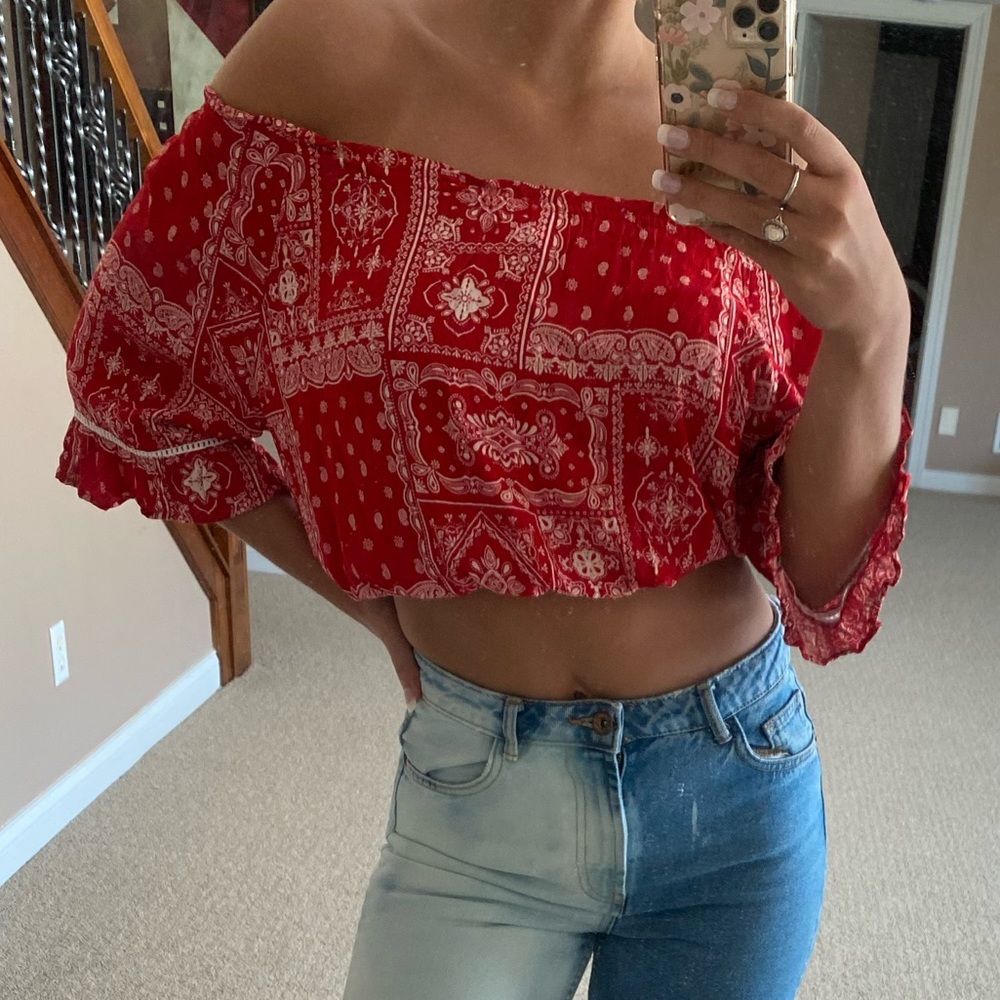 Red bandana print off the shoulder crop too